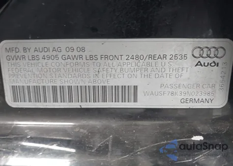 2009 Audi A4 2.0T Premium из США, поврежденный, VIN WAUSF78K39N023985